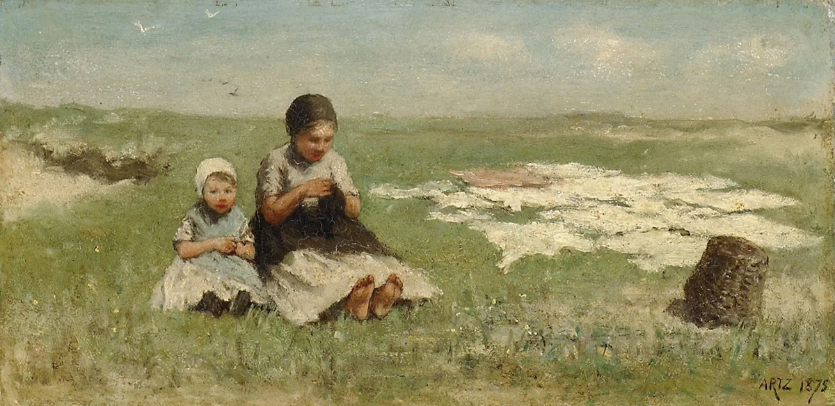 Two Girls on the Dunes, bleaching, by David Adolph Constanz Artz, oil, 1875