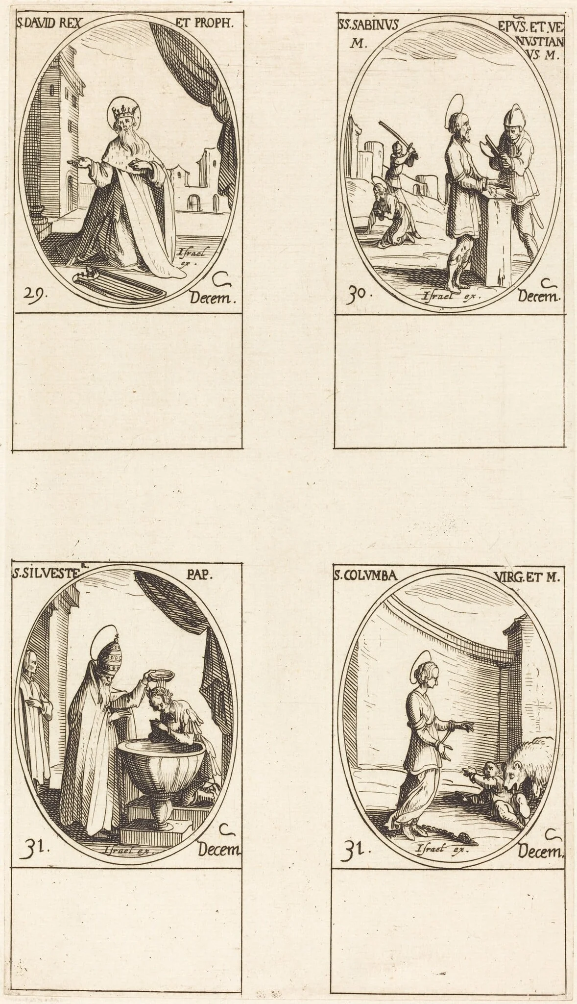 St. David, King and Prophet; Sts. Sabinus and Venustianus; St. Sylvester; St. Colomba, by Jacques Callot, ink, 1634