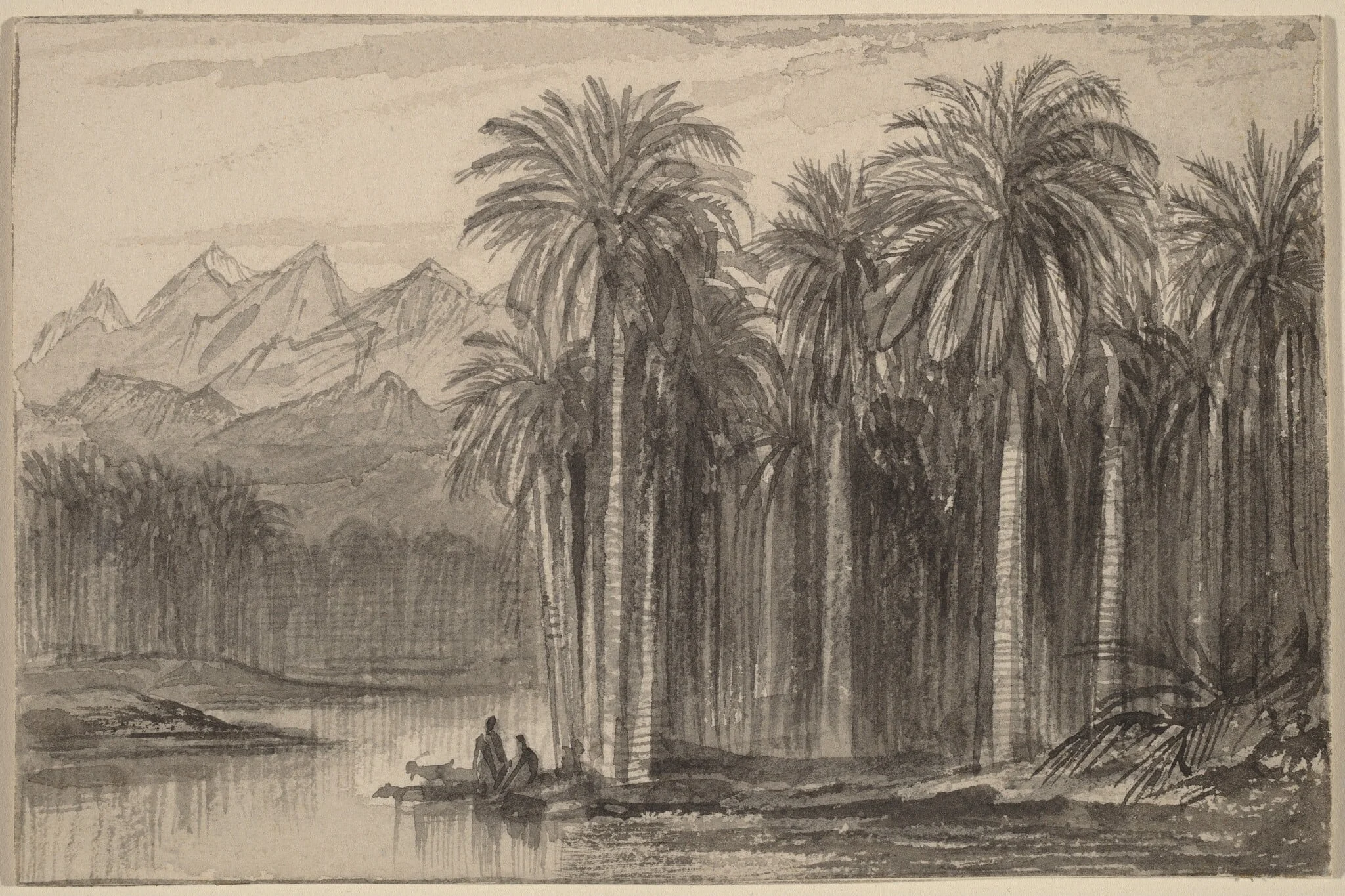 Figures Setting Out in Canoes from a Palm Grove (Wady Feiran), by Edward Lear, 1884