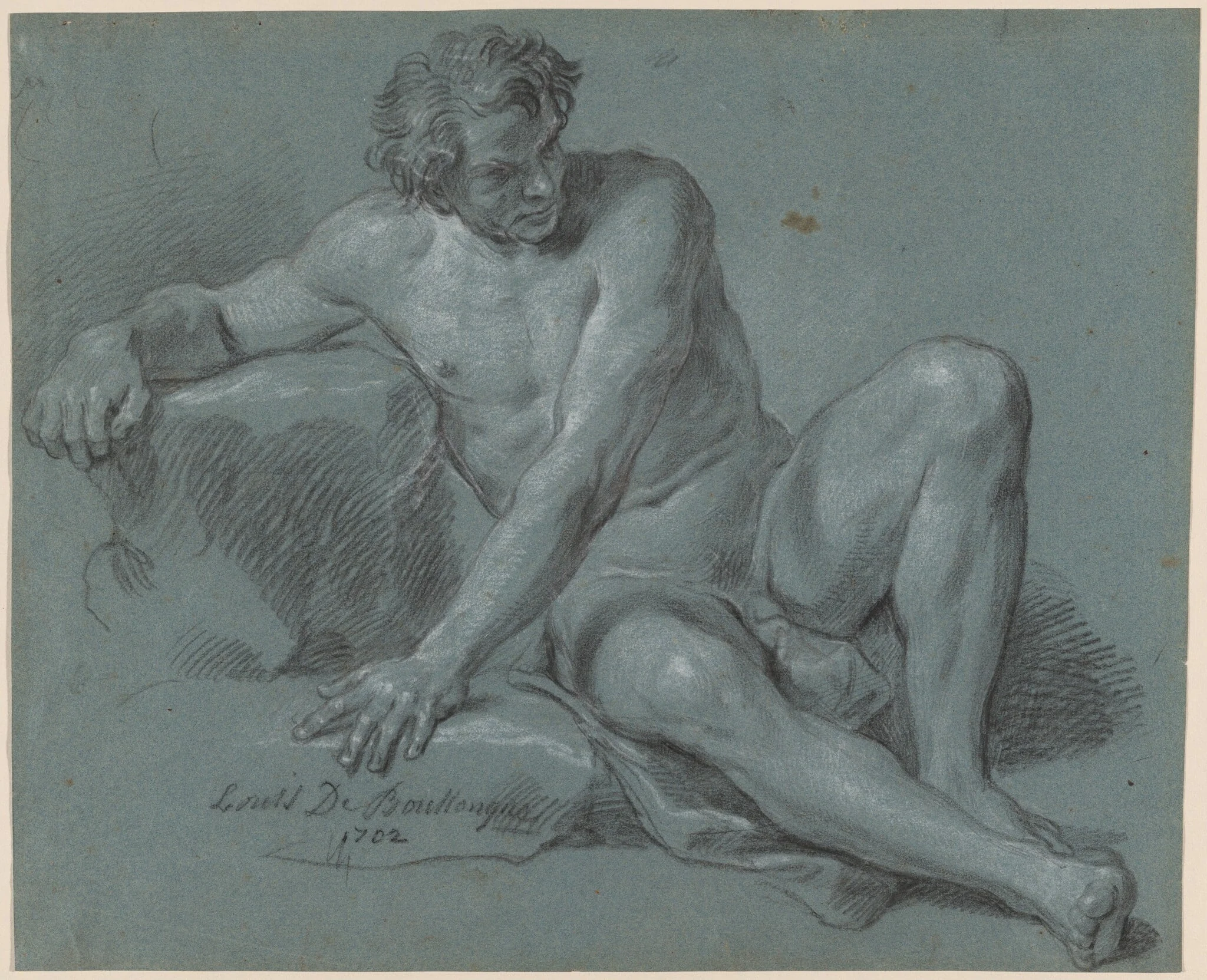 Male Nude Seated on the Ground, by Louis de Boullogne the Younger, chalk, 1702