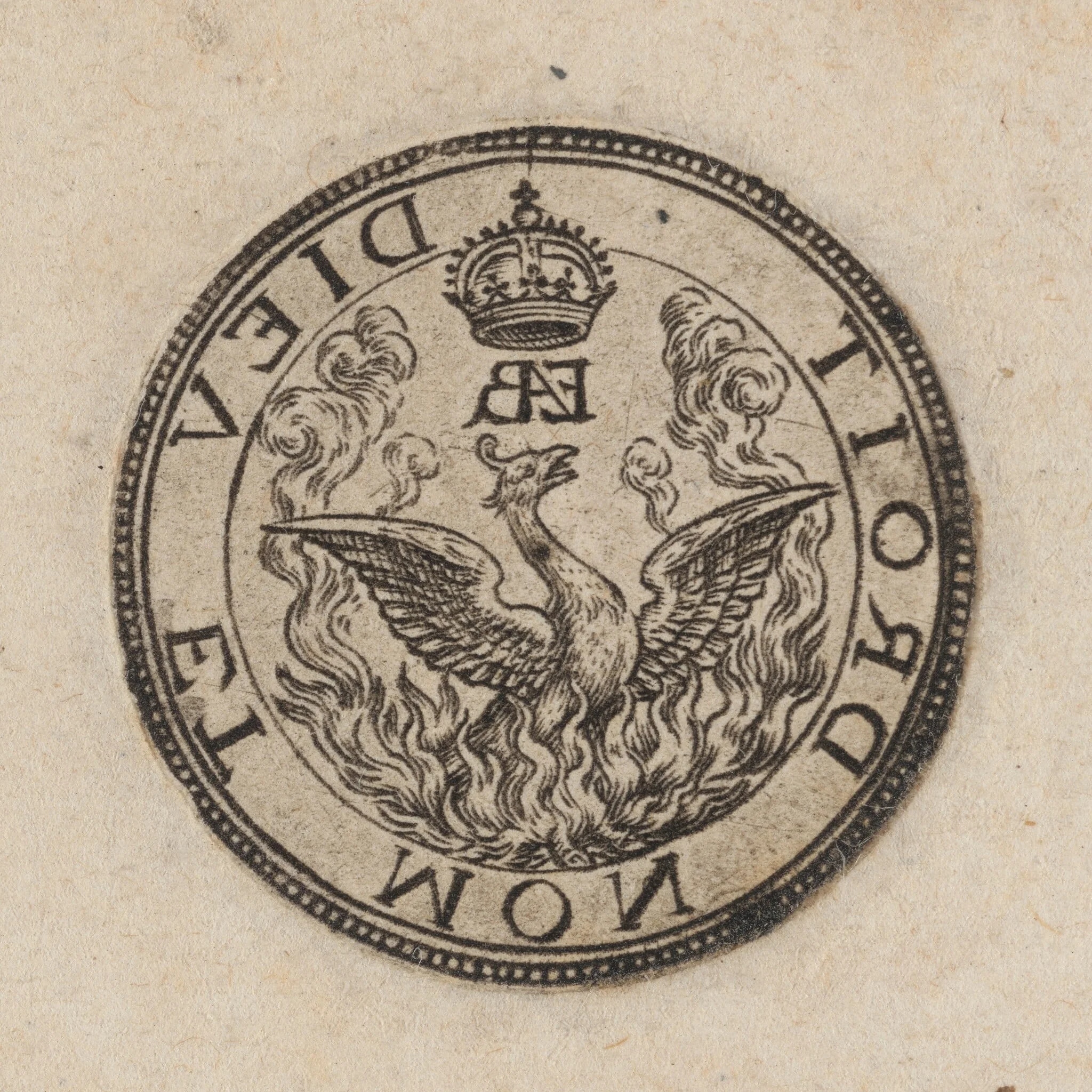 Emblem of the Phoenix and the motto "Dieu et mon droit" [right half], by Dutch 17th Century, ink, 1650
