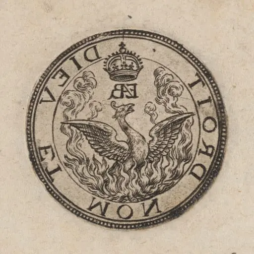 Emblem of the Phoenix and the motto "Dieu et mon droit" [right half]