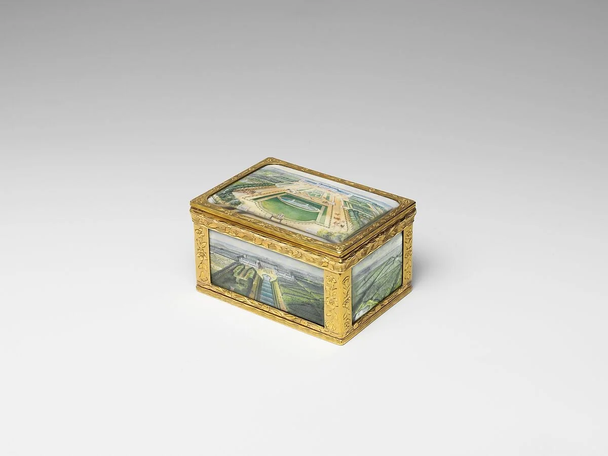 Snuffbox with views at the château of Chanteloup, by Pierre-François Delafons|Louis Nicolas van Blarenberghe, glass, 1748