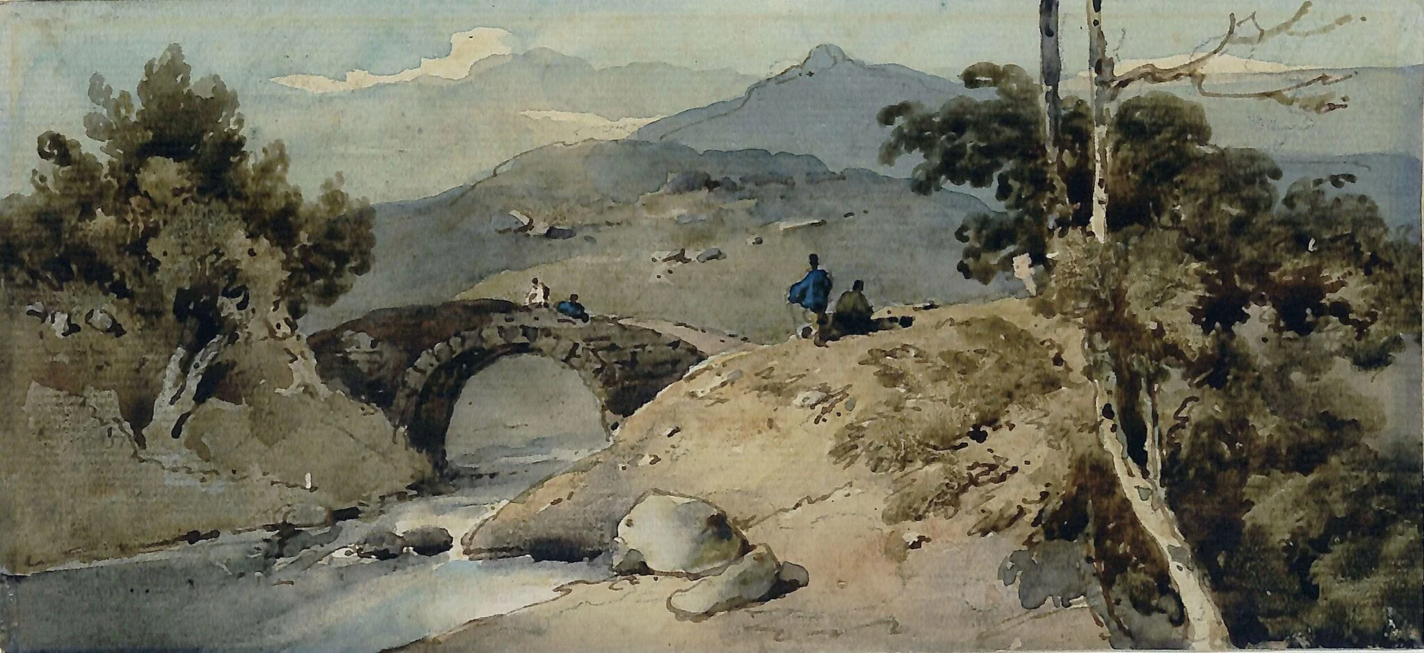 Chinese landscape with bridge, by George Chinnery, watercolor, 1825