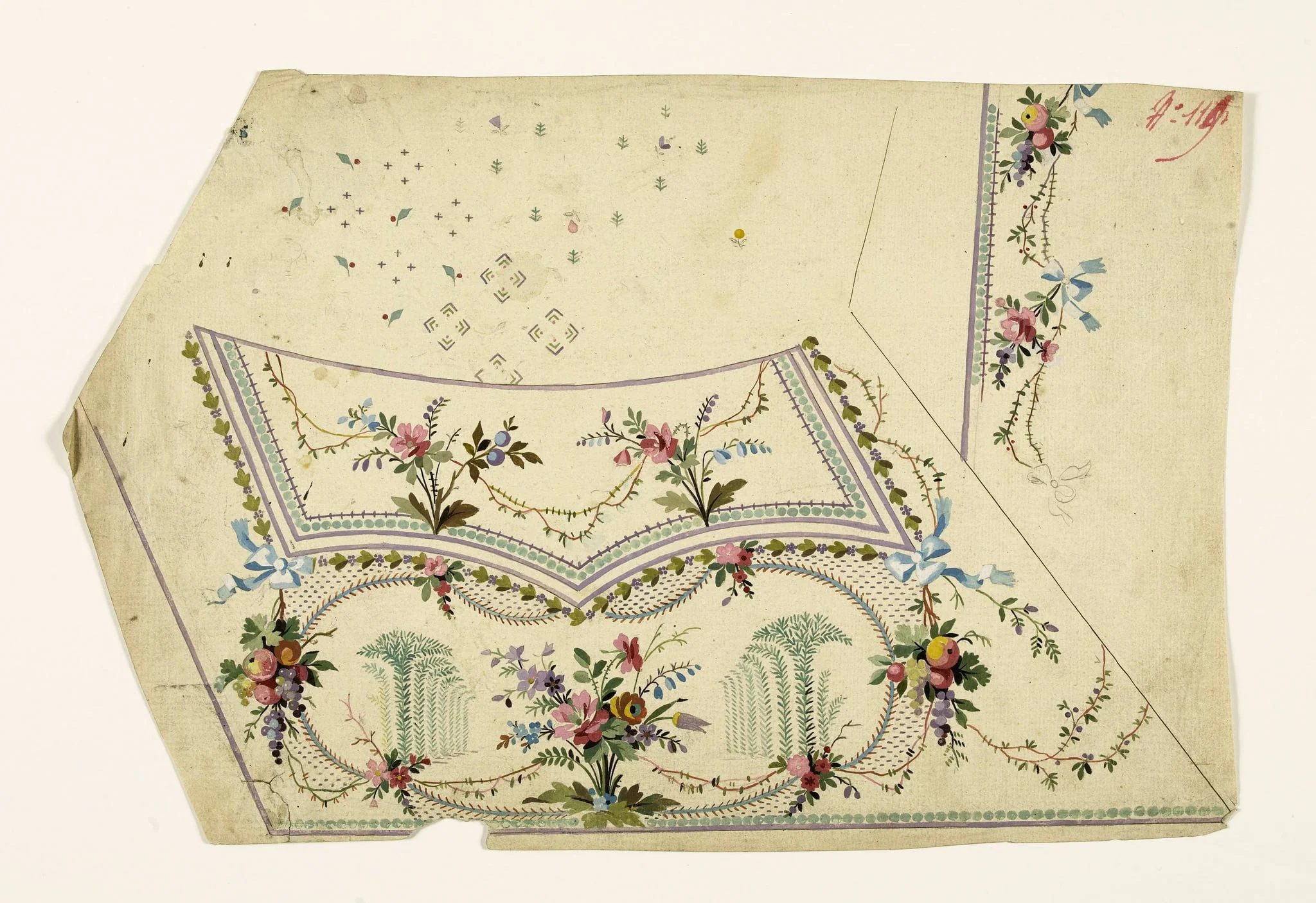 Composition avec bouquet de fleurs, guirlandes stylisées avec rubans bleus et grappes de fruits suspendues, projets de broderies de gilet, XVIIIème siècle