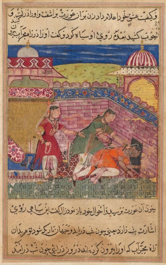 The deceitful wife ejects the procuress after blackening her face, from a Tuti-nama (Tales of a Parrot): Eighth Night