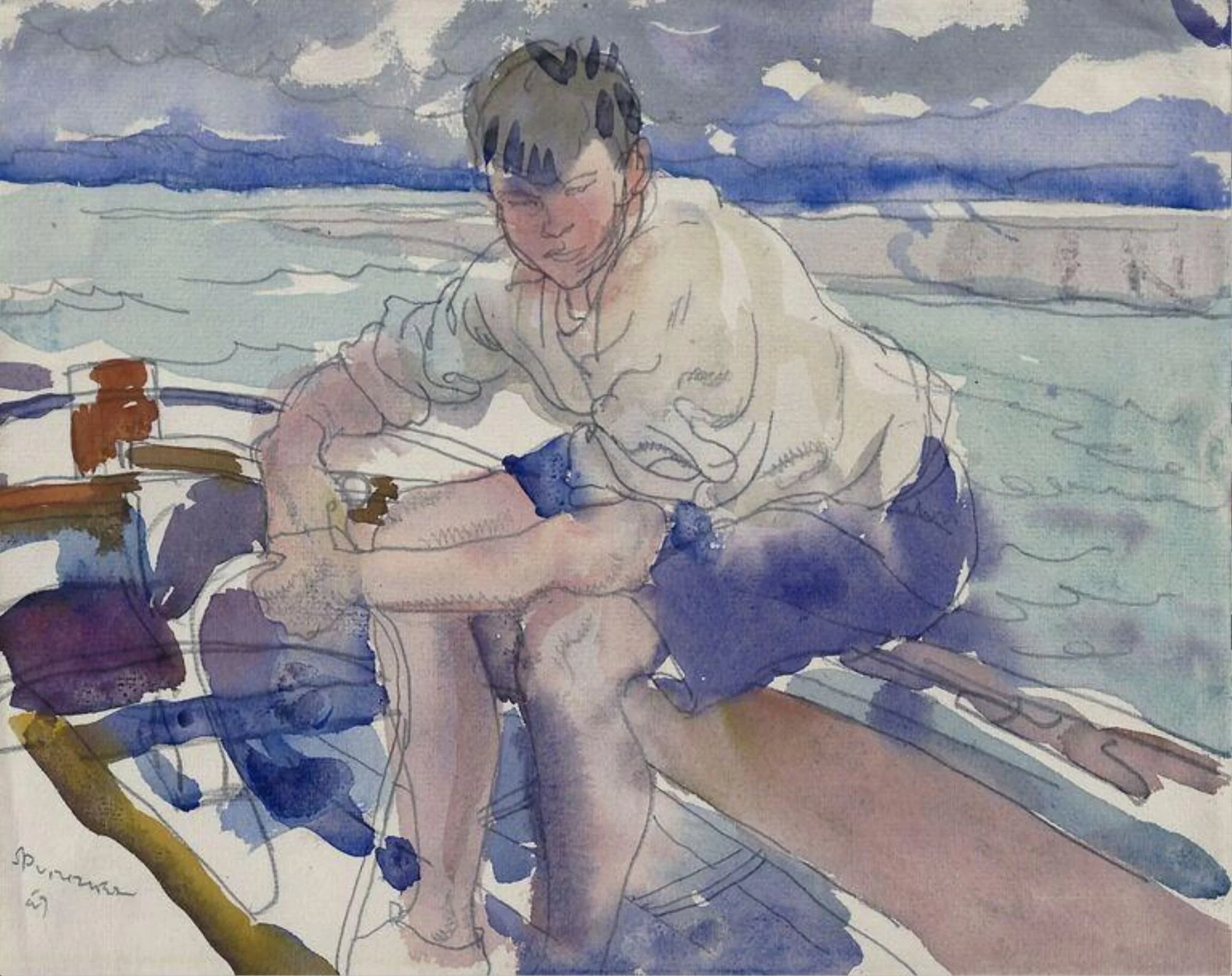 Boy in a Boat, by Stephen Spurrier, watercolor, 1950
