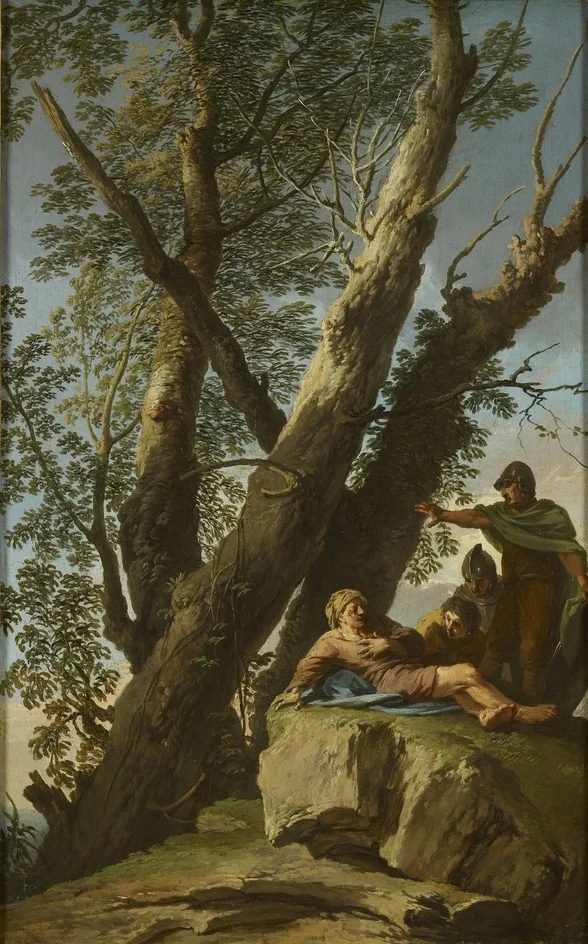 Landscape with a wounded Bandit and other Figures, by Andrea Locatelli, oil, 1727