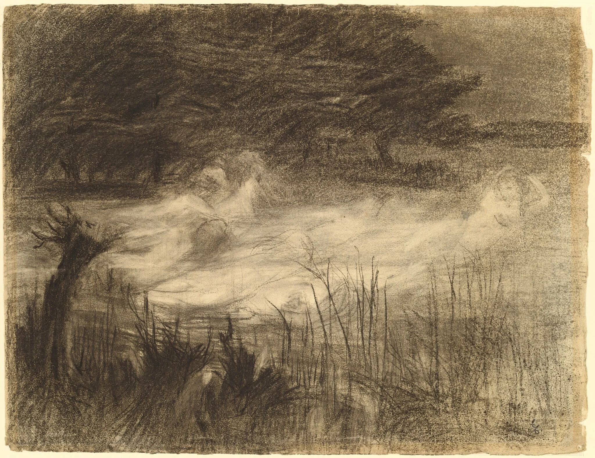Woman Floating in a River Attended by Several Female Spirits, by Frederick Trapp Friis, charcoal, 1895