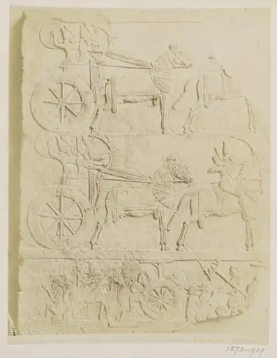 Bas-relief showing chariots, war and mounted warriors and a bivouac from Palace of Kuyunjik, period of Ashua-bari-pal (668-626 B.C.). Paris: Louvre
