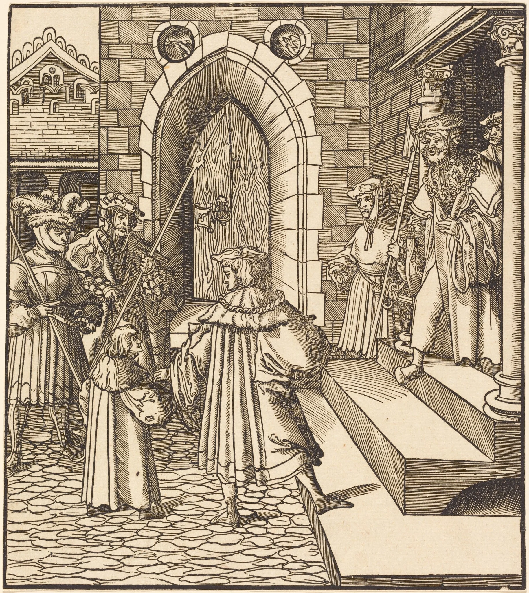 Three Men and a Boy in the Court of a Castle, to the Right Three Men on a Staircase, by Leonhard Beck, ink, 1515