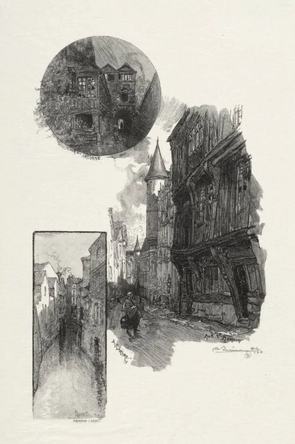 Rouen Illustré:  Cour de L'Albane; Rue Saint Romain; L'aubette Rue Armand - Carrel, by Auguste Lepère, 1896