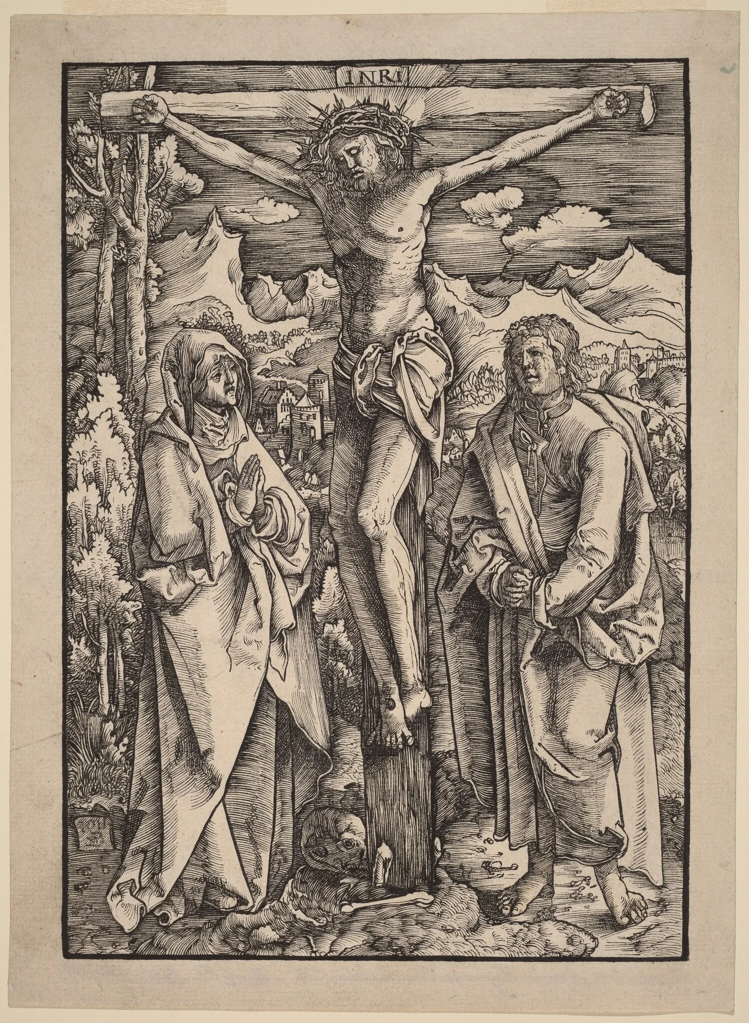 Christ on the Cross between the Virgin and Saint John, by Gabriel Zehender, ink, 1517