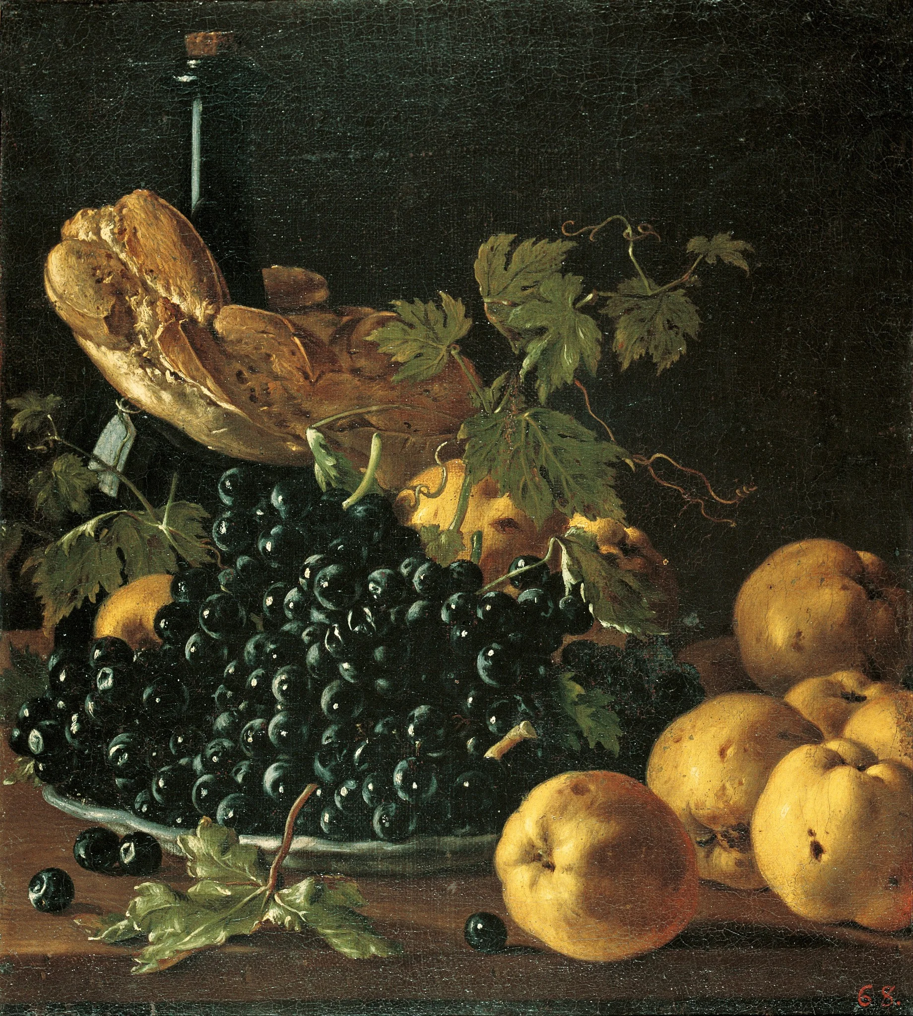 Still Life with Bread, Apples, Grapes and a Bottle, by Luis Egidio Meléndez, oil, 1771