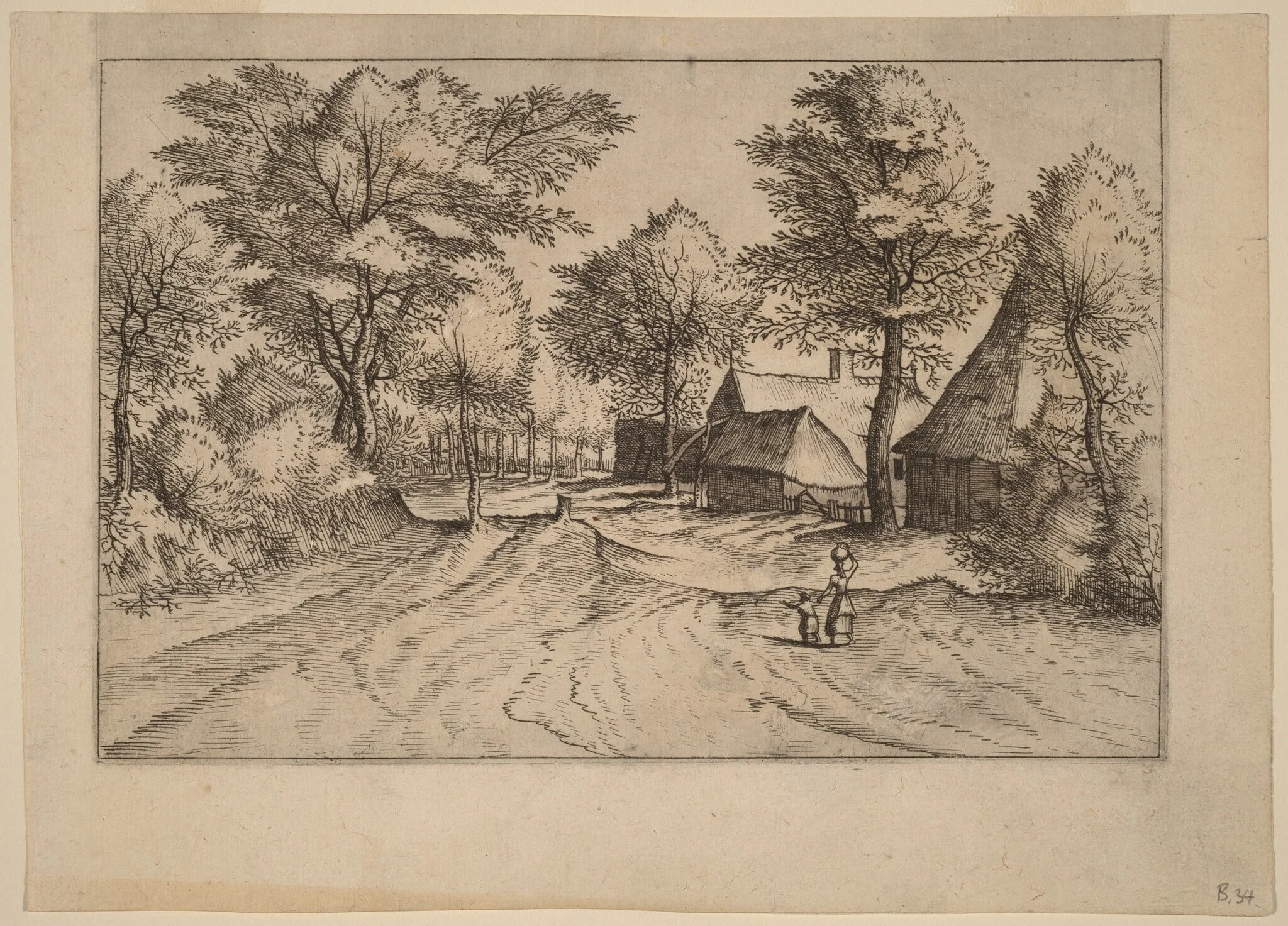 Village Road with Farm and Sheds, by Johannes van Doetechum the Elder, ink, 1560