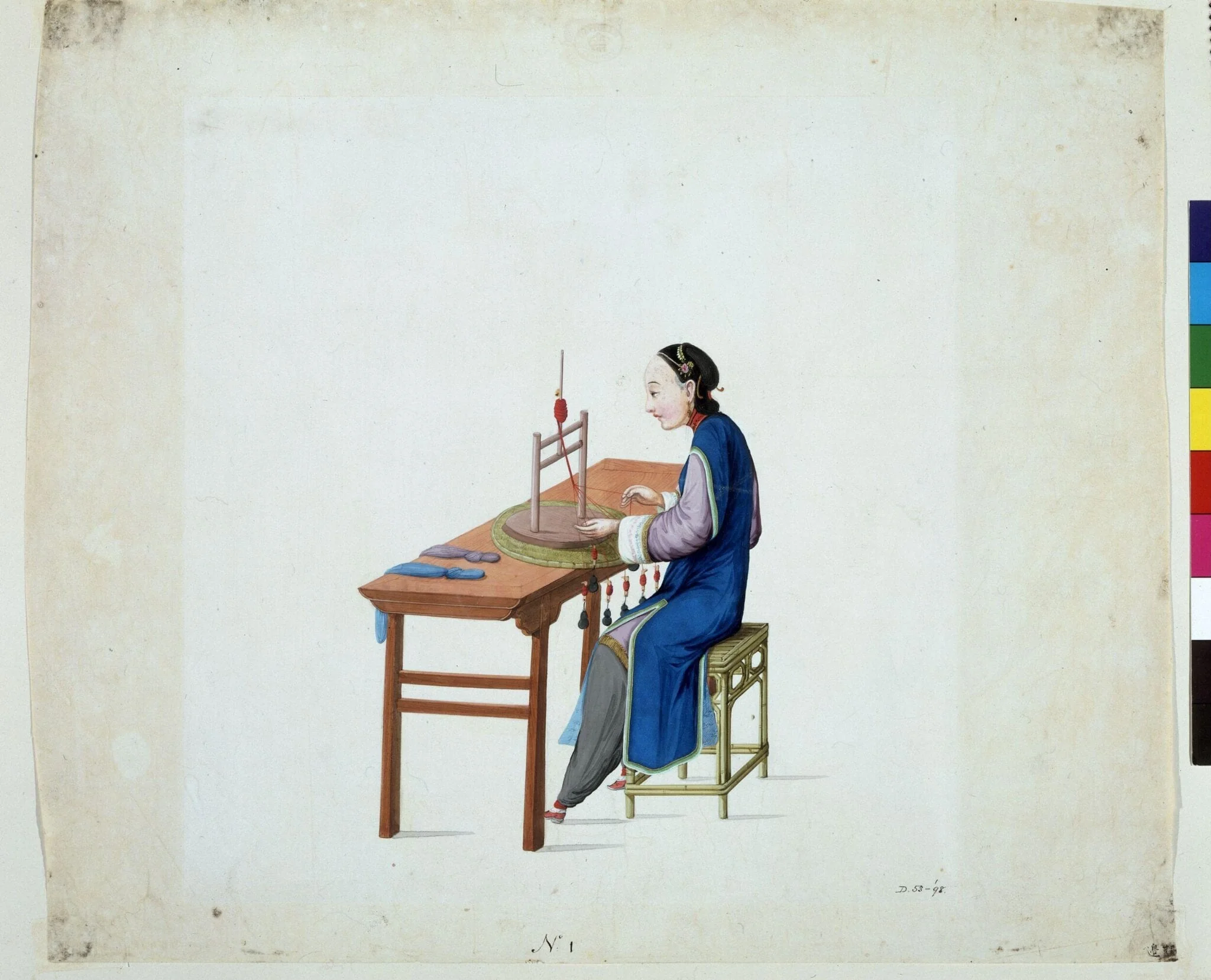 Woman Plaiting Threads, by Puqua, paint, 1790