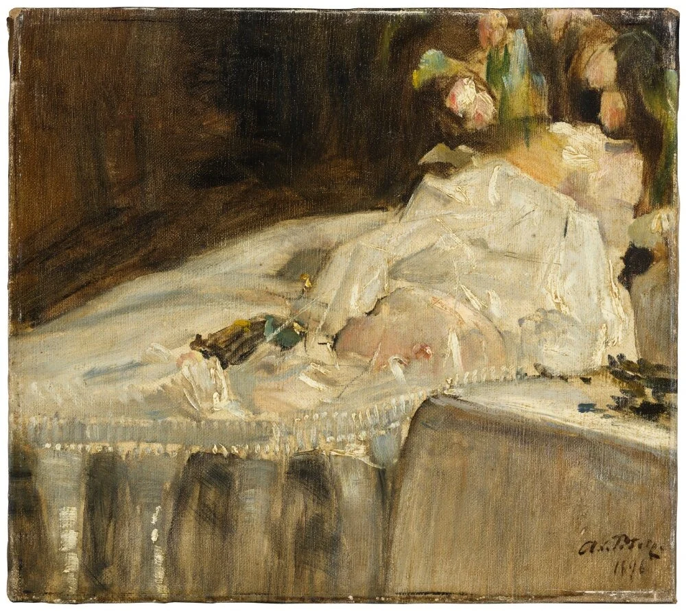 The Artist’s Son on lit de parade, by Axel Peter, oil, 1898