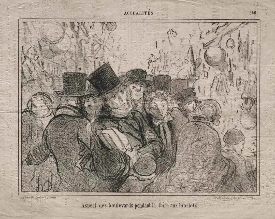 View of boulevards during a market for trinkets, by Honoré Daumier, 1856