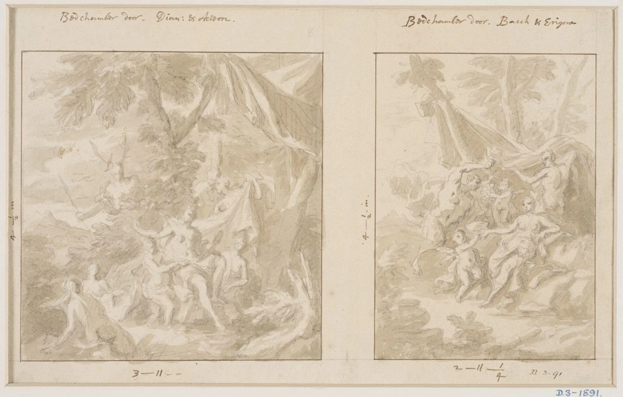 Two designs for overdoor paintings depicting Diana and Acteon (left) and Bacchus and Erigone (right), by James Thornhill, 1750