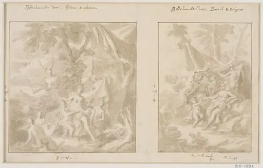Two designs for overdoor paintings depicting Diana and Acteon (left) and Bacchus and Erigone (right)