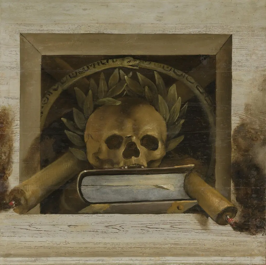 Vanitas Still Life with Skull with a Laurel Wreath and Two Burning Candles