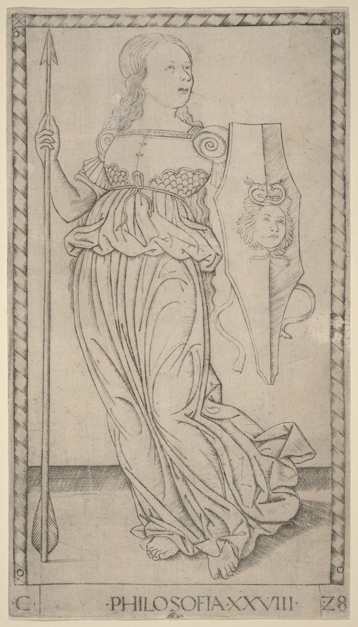 Philosofia (Philosophy), by Master of the E-Series Tarocchi, ink, 1465