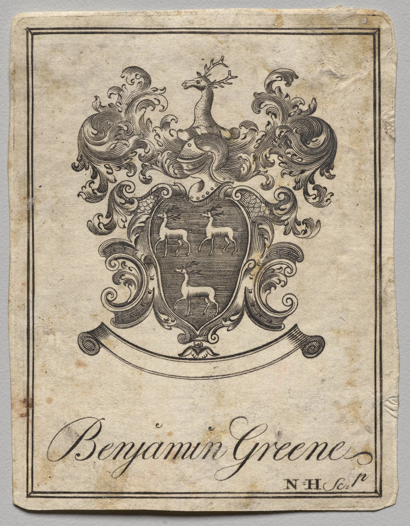 Bookplate:  Coat of Arms with Benjamin Greene inscribed, by Nathaniel Hurd, 1764