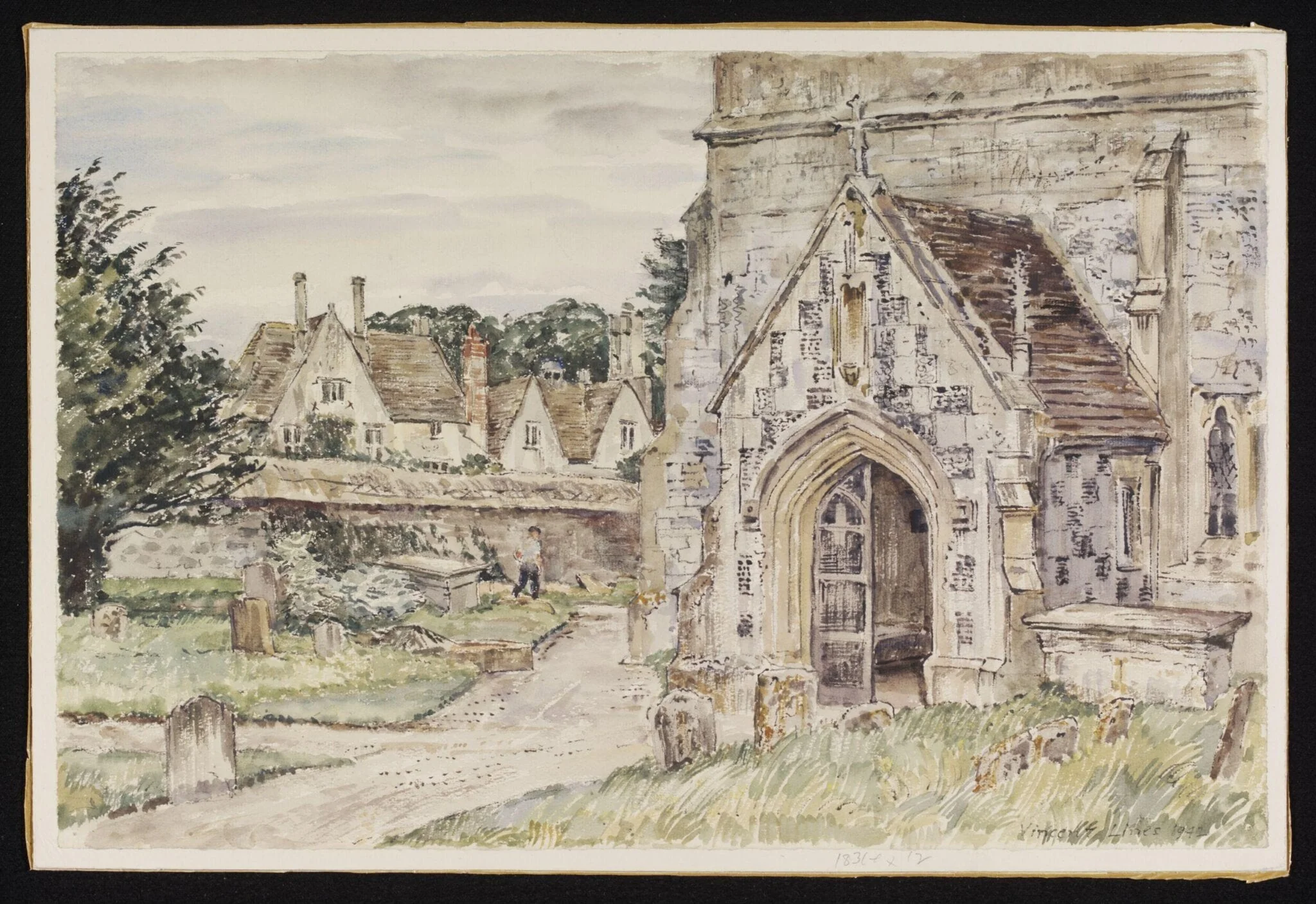 Church Porch and Manor, Avebury, by Lines, watercolor, 1942