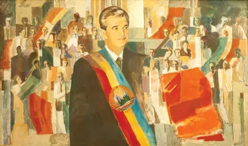 Tablou, tempera pe pânză, „Ceaușescu și Poporul” semnat Grigorian Rusu datat 1982 în partea dreaptă jos. Nicolae Ceaușescu este prezentat în prim plan, cu bandă tricoloră, în fundal sunt reprezentați oamenii muncii. Comandat și oferit de Comitetul Județean de Partid Dolj (1982).