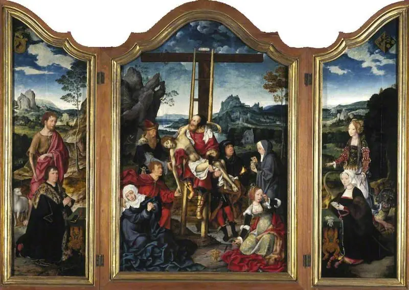 Triptych. Centre: the Deposition from the Cross; Left wing: St John the Baptist with a Donor; Right wing: St Margaret of Antioch with a Donatrix