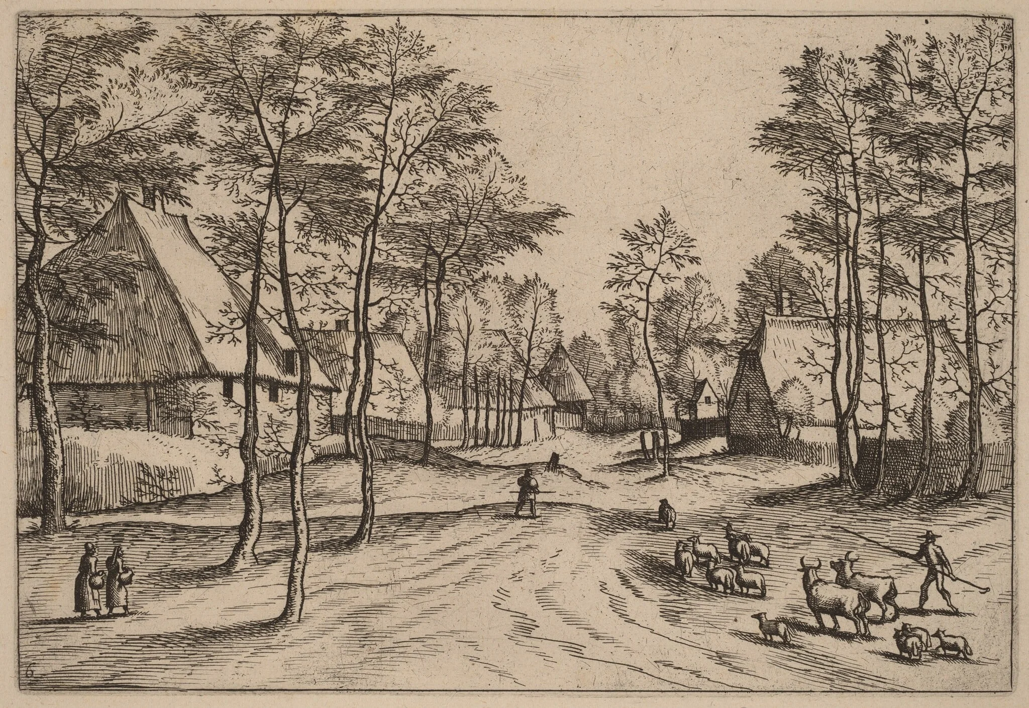 Village Street, by Johannes van Doetechum the Elder, ink, 1676