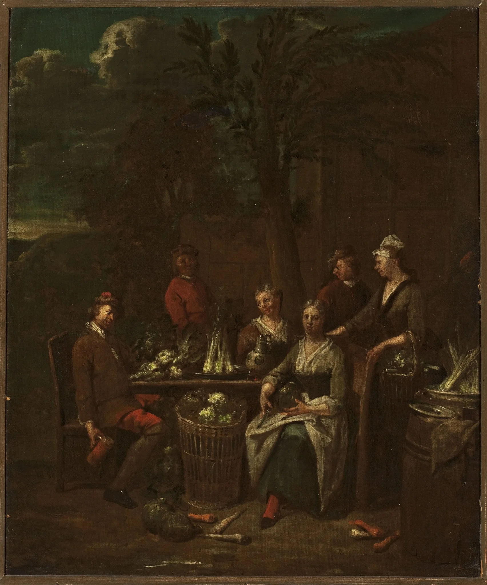 Scene by a stand with vegetables, by Jan Baptist Lambrechts, oil, 1715