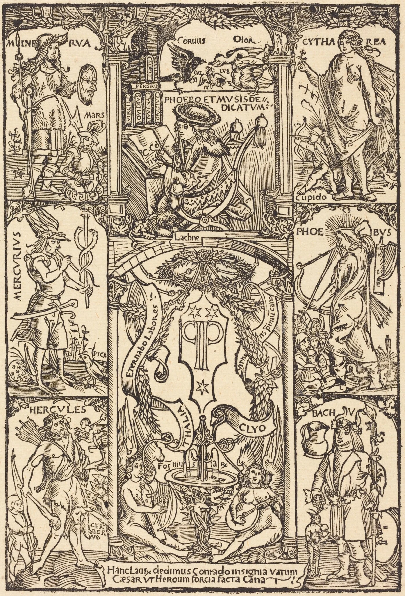 Celtes Surrounded by Greek and Roman Gods, by Hans Süss von Kulmbach, ink, 1502
