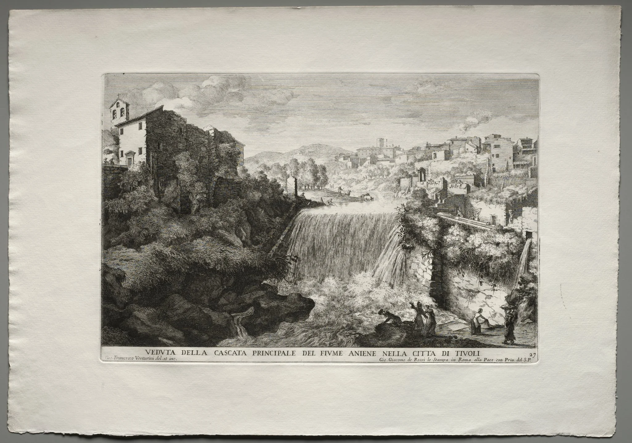 The Fountains of Rome (Le fontane di Roma), Book IV, plate 27: View of the Principal Cascade of the River Aniene in the City of Tivoli (Veduta della Cascata Principale del Fiume Aniene nelle citta di Tivoli), by Giovanni Francesco Venturini, 1688