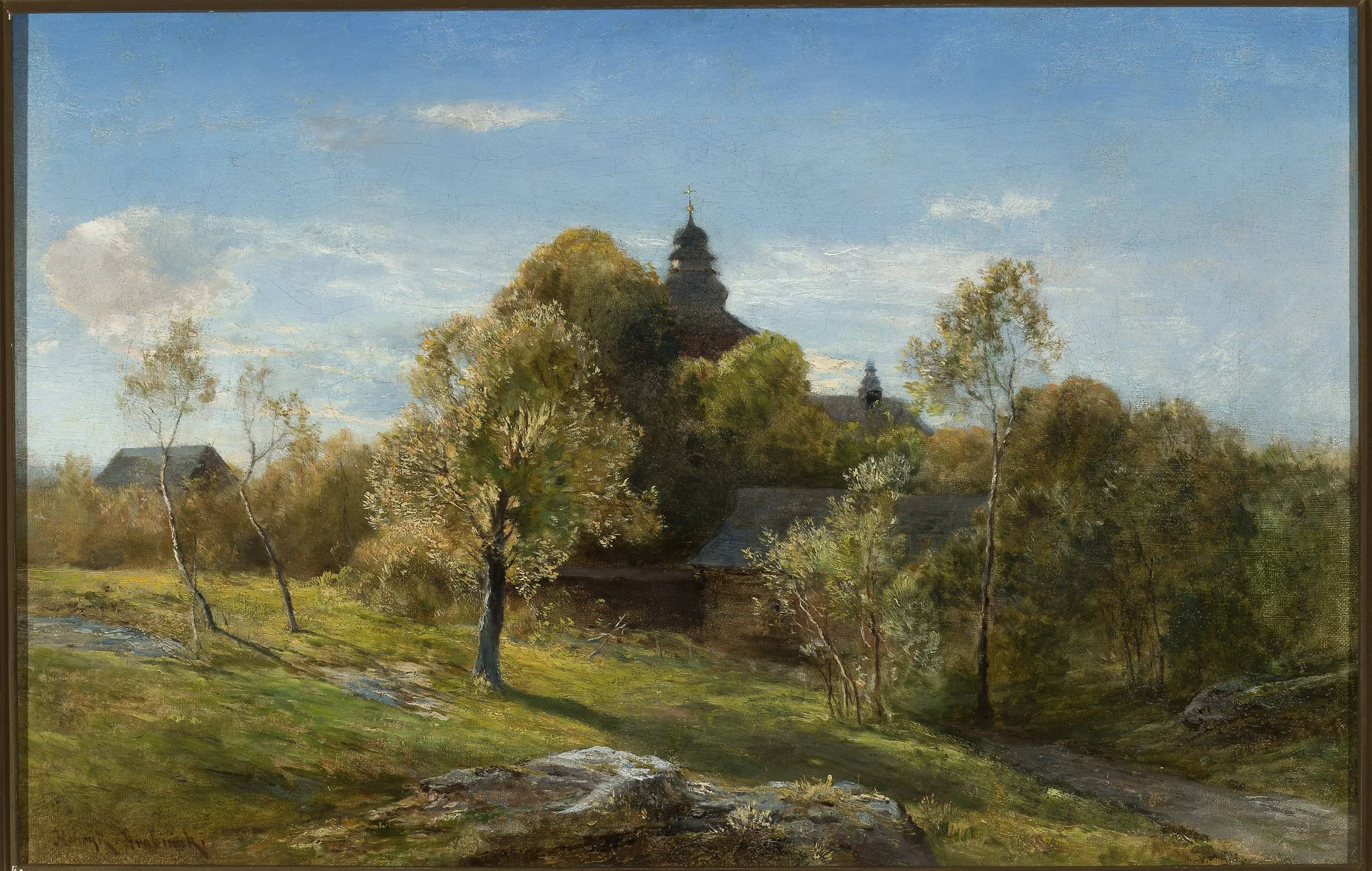 Landscape with a church hidden behind the trees, by Henryk Grabiński, oil, 1883