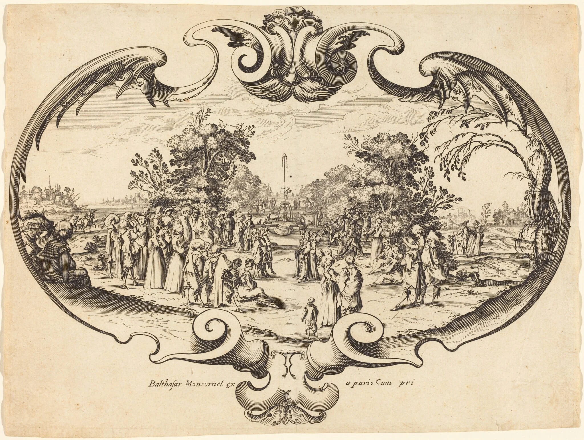 Design for a Fan: Courtly Figures in a Landscape, by Noël Cochin, ink, 1601