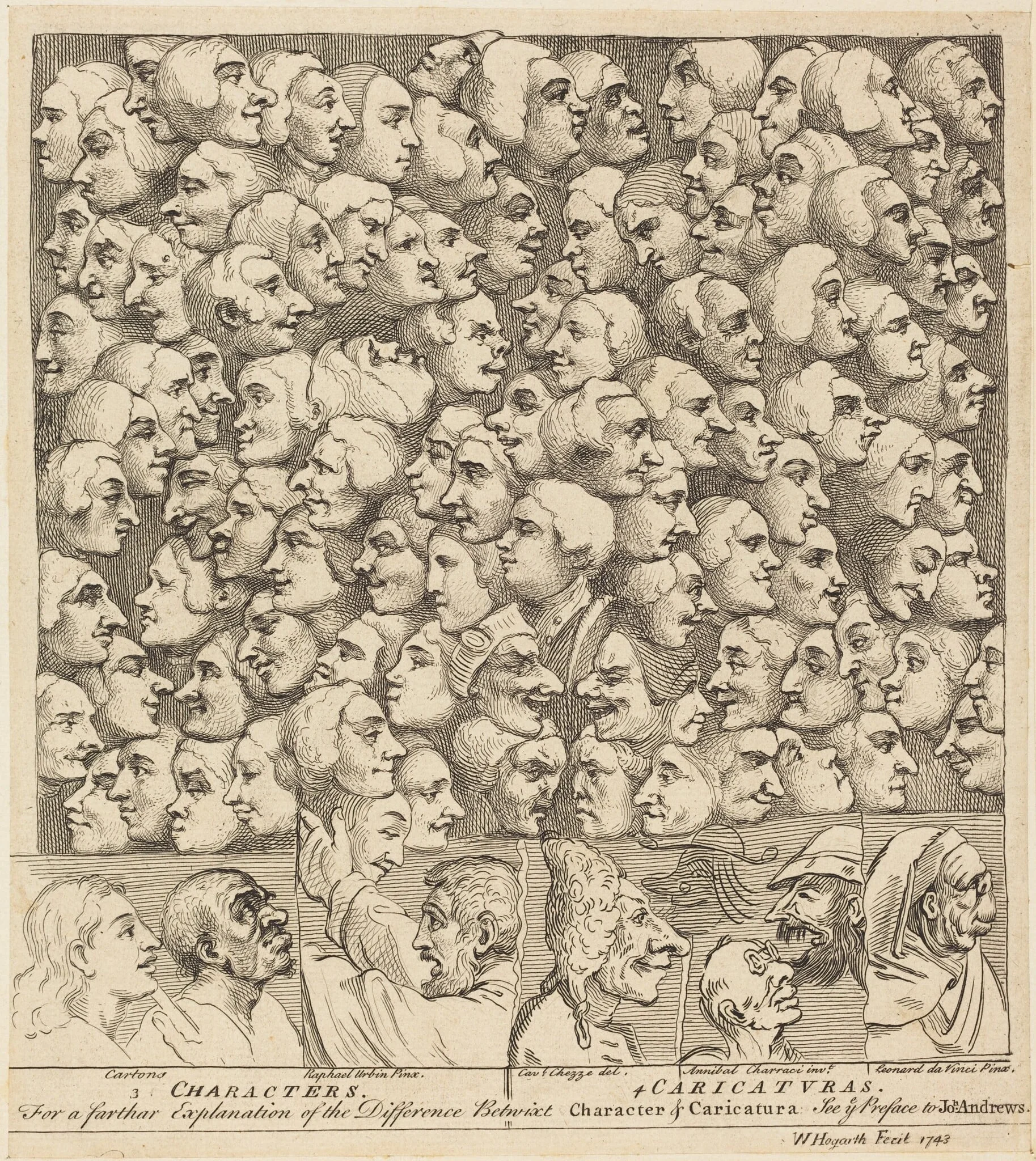 Characters and Caricaturas, by William Hogarth, ink, 1743
