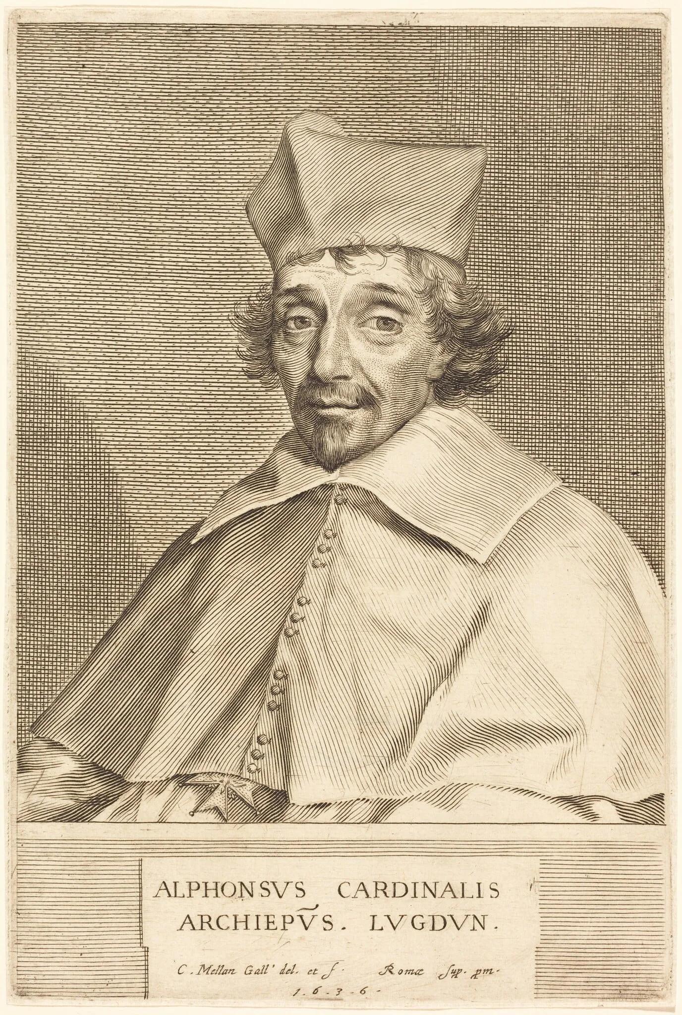 Alphonse du Plessis Richelieu, Cardinal of Lyon, by Claude Mellan, ink, 1636