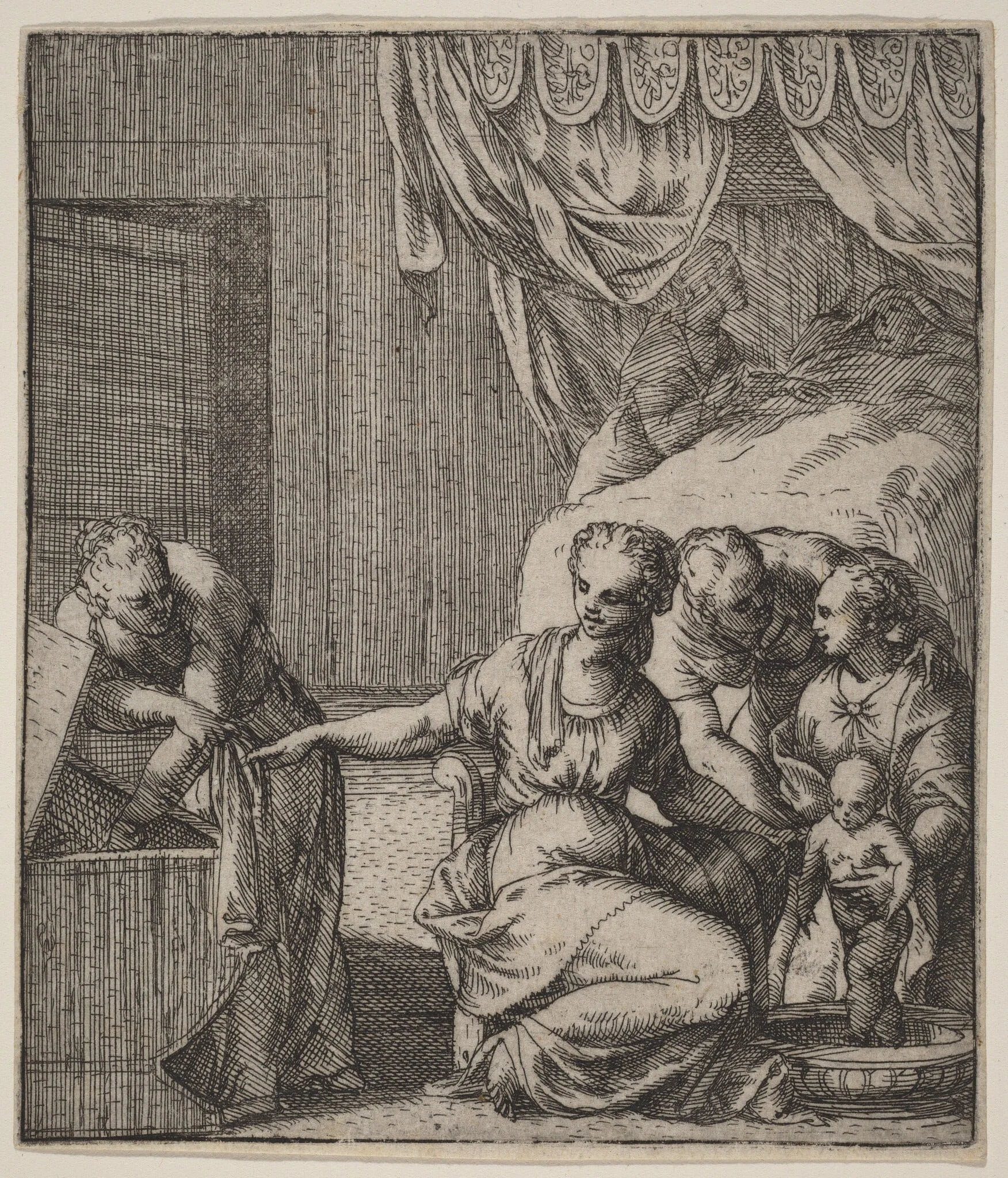 The Birth of the Virgin, by Giovanni Battista Fontana, ink, 1556
