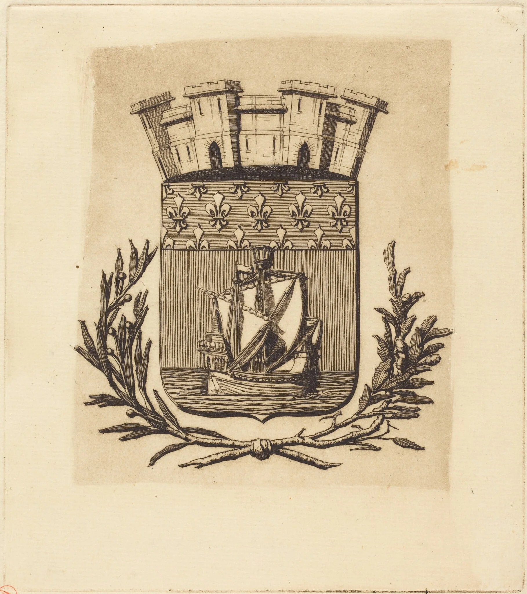 Armes symboliques de la ville de Paris (Symbolical Arms of the City of Paris), by Charles Meryon, ink, 1854