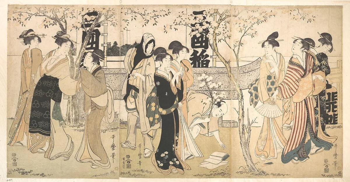 三囲神社の御開帳|Display of Treasures at Mimeguri Shrine (Mimeguri jinja no onkaichō), by Kitagawa Utamaro, ink, 1799