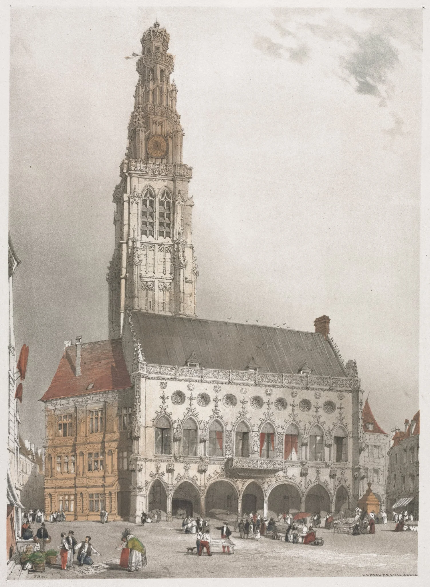 Picturesque Architecture in Paris, Ghent, Antwerp, Rouen:  L'Hôtel de Ville, Arras, France, by Thomas Shotter Boys, 1839