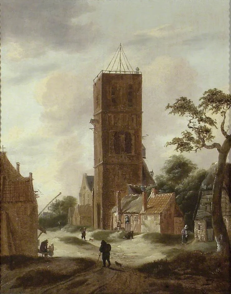 A Village Street with a Church Tower, by Nicolaes Hals, oil, 1667