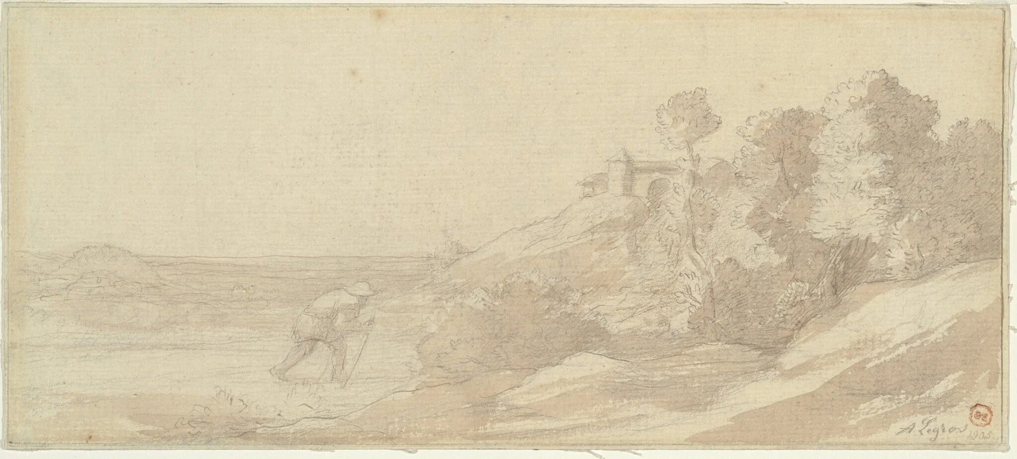 Landscape along a Riverbank with a Figure, by Alphonse Legros, ink, 1905