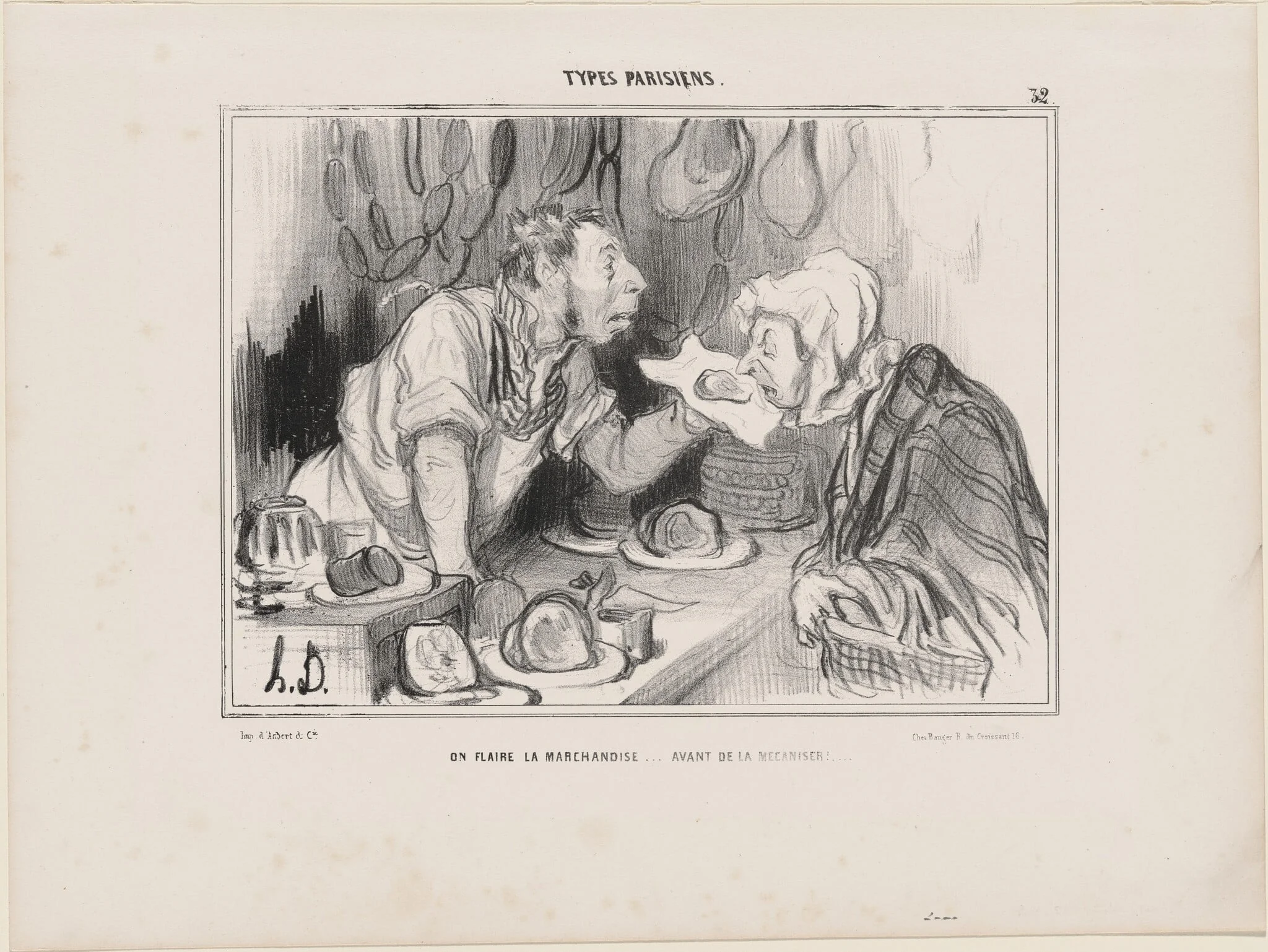 On flaire la marchandise... avant de la mécaniser!..., by Honoré Daumier, ink, 1839