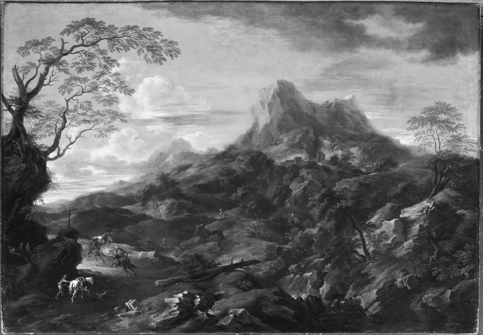 Landscape with Horsemen on a Road, by Pandolfo Reschi, oil, 1679