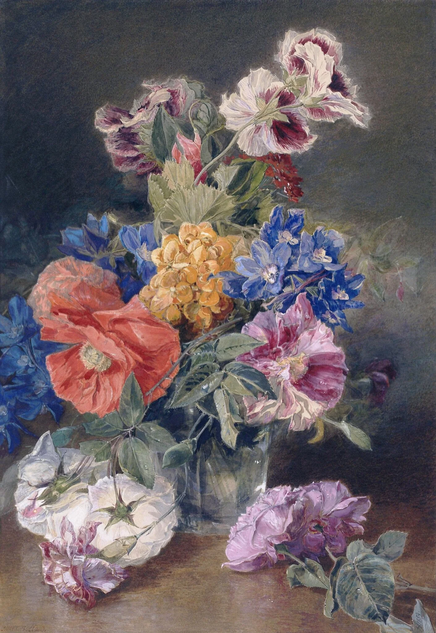 Roses, Poppy, Pelargonia, Delphinium and Calceolarias in a Glass Vase