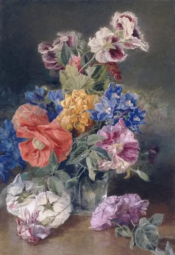 Roses, Poppy, Pelargonia, Delphinium and Calceolarias in a Glass Vase