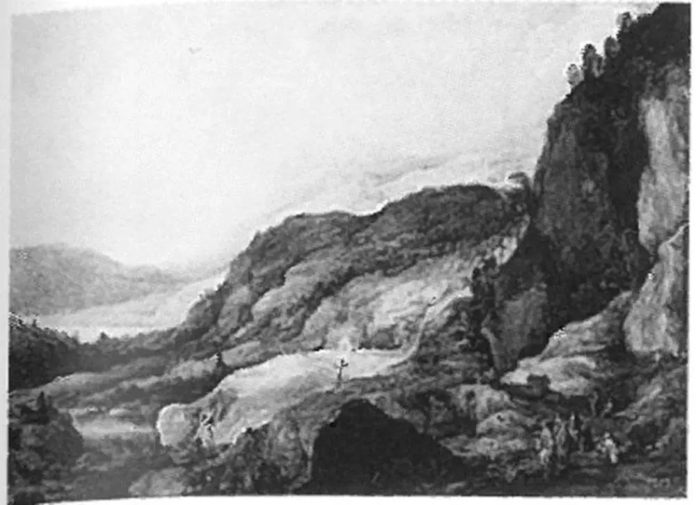 Moutainous landscape with four riders and two beggars