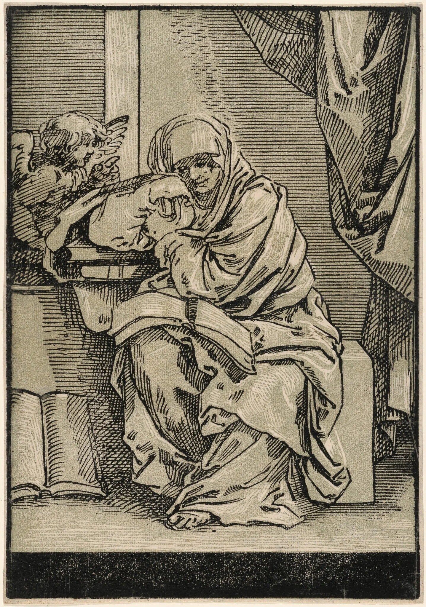 Sibyl with a Book and Winged Putto to the Left, by Bartolomeo Coriolano, ink, 1725
